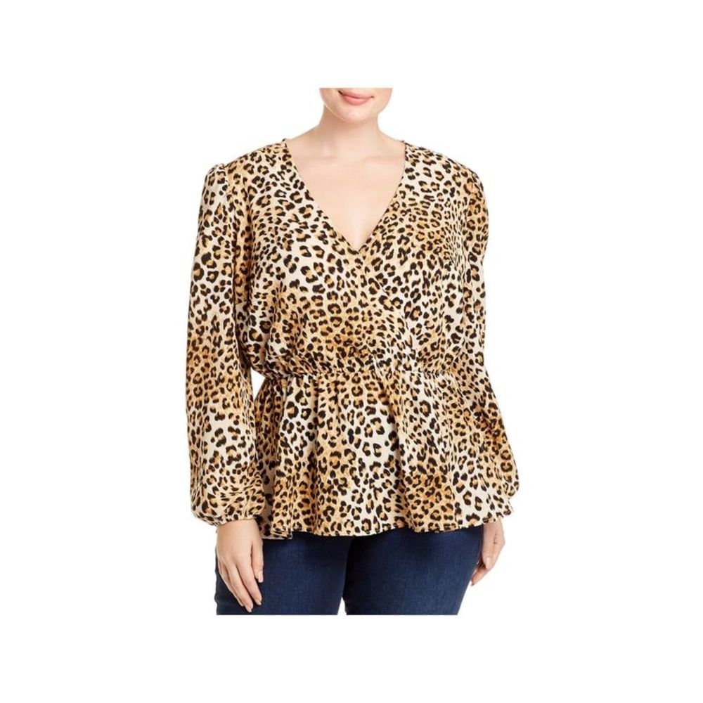 AQUA CURVE Womens Beige Pouf Sleeve V Neck Wear To Work Faux Wrap Top Plus 1X